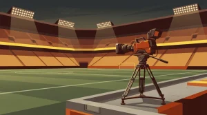 Fernsehkamera auf einem Stativ am Spielfeldrand im Themenbereich von Instant Casino