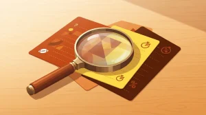 Lupe über farbigen Informationskarten im Themenbereich von Instant Casino
