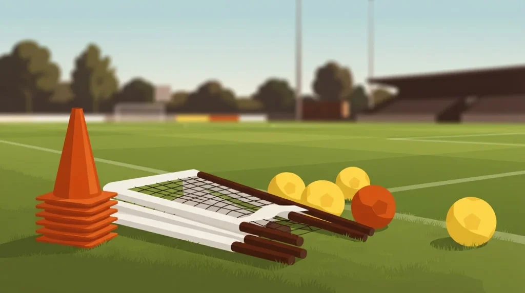 Trainingskegel, Netze und Bälle am Spielfeldrand