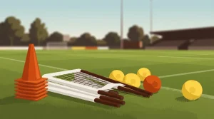 Trainingskegel, Netze und Bälle am Spielfeldrand