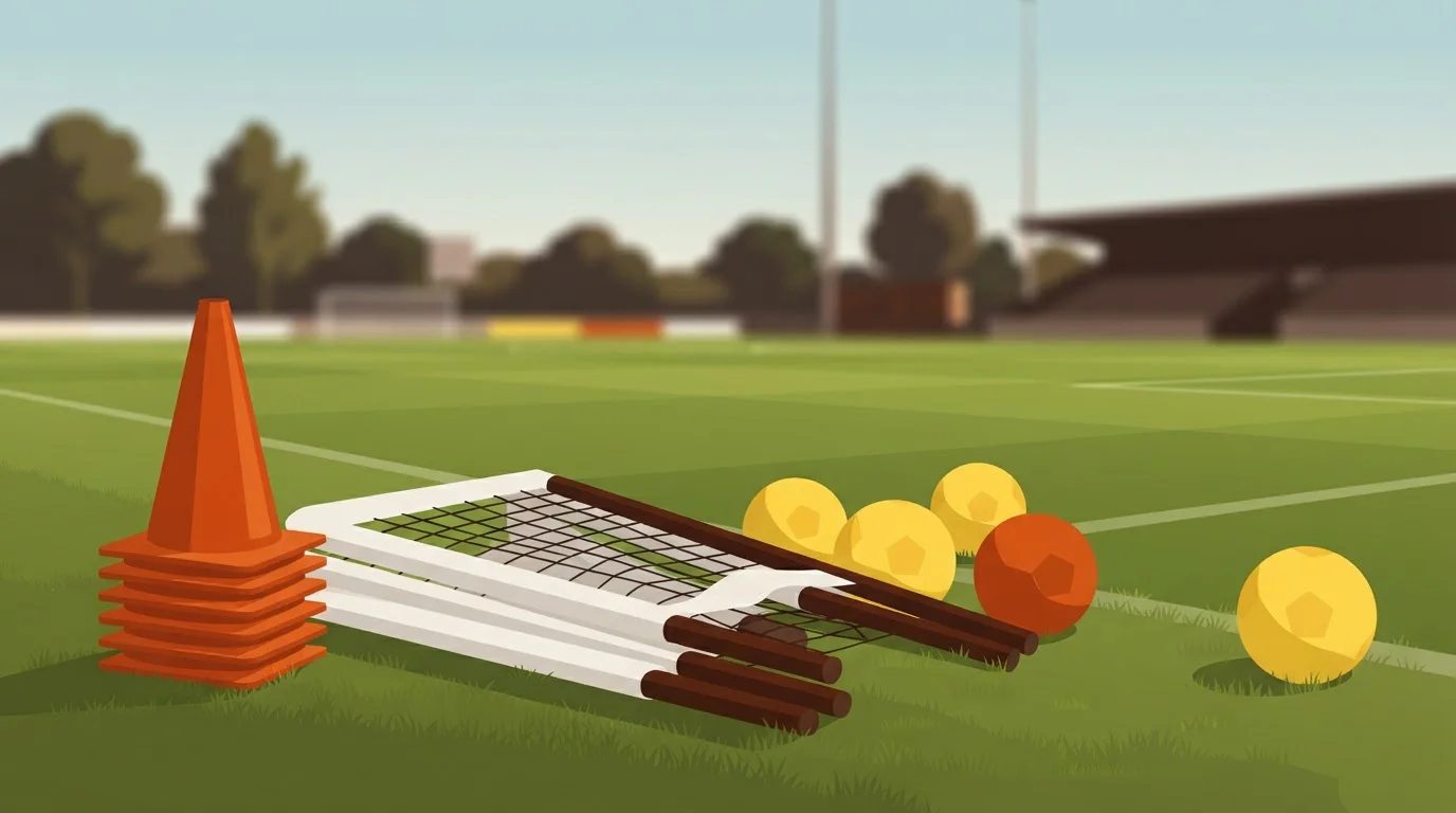 Trainingskegel, Netze und Bälle am Spielfeldrand