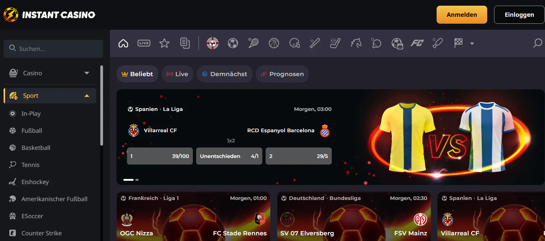 Sportarten und Wettangebot bei Instant Casino