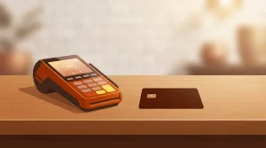 Bankkarte neben einem Zahlungsterminal im Themenbereich von Instant Casino